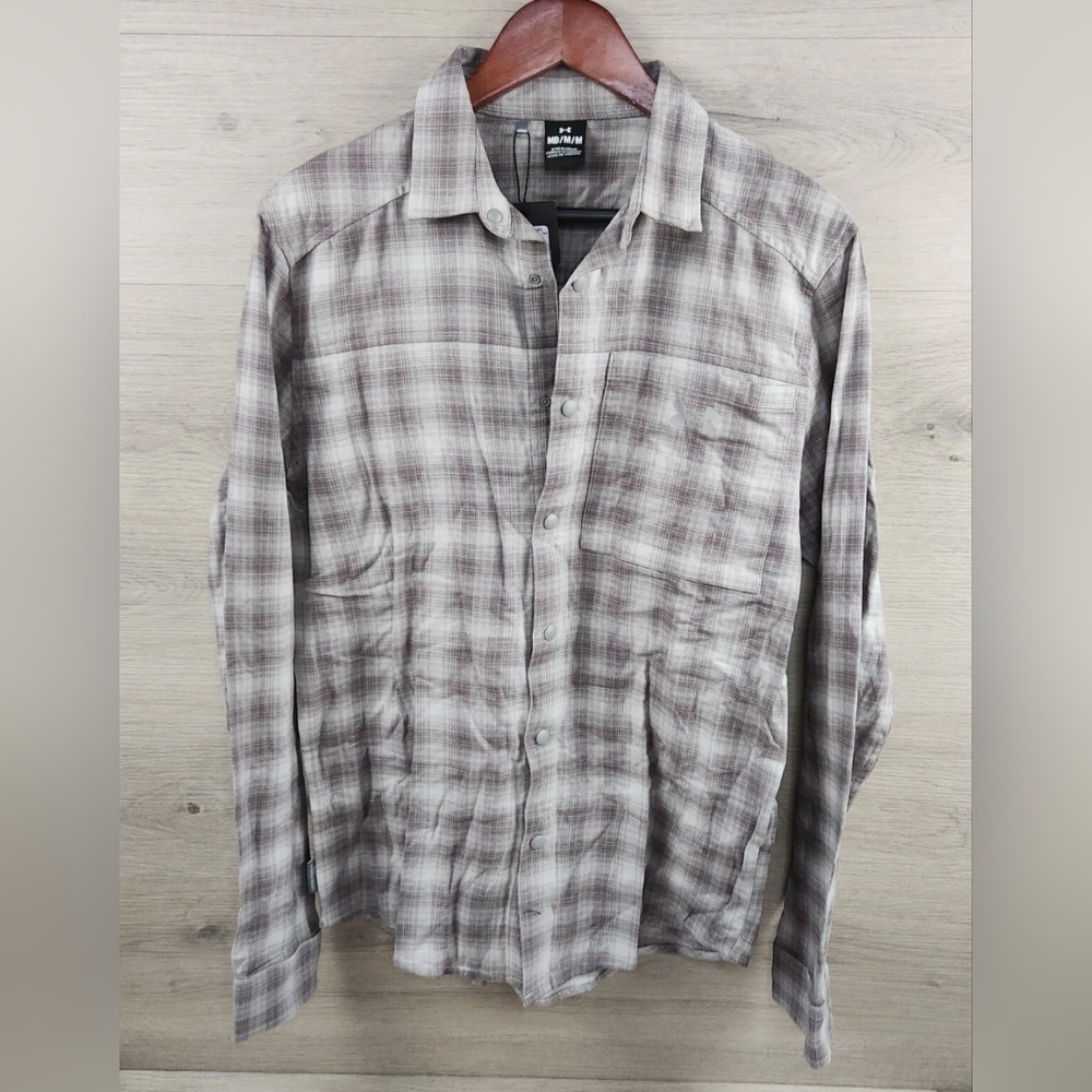 Under Armour Flannel Shirt Mens M Gray Long Sleeve Button Up Plaid Flex Fit NWT